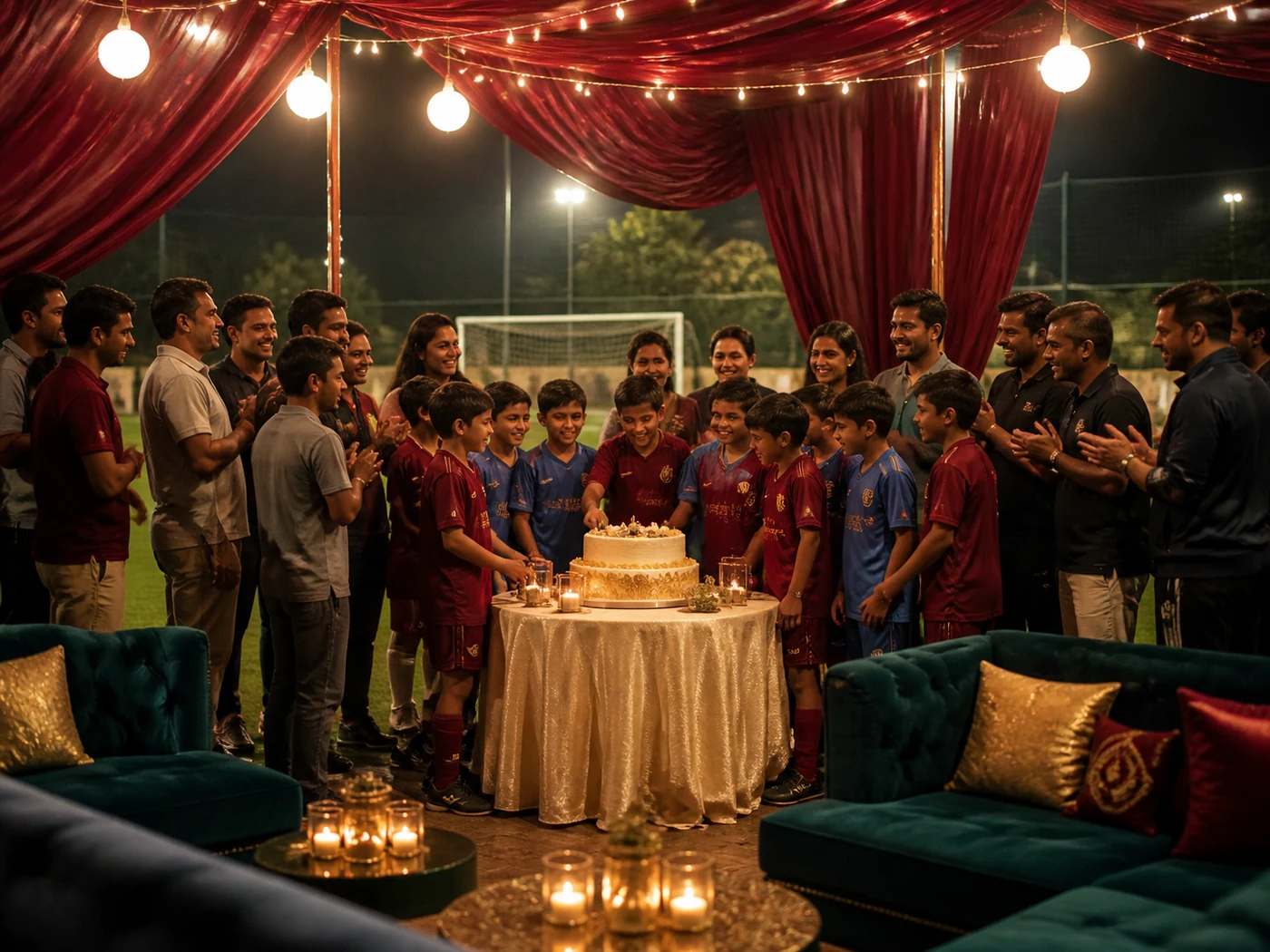 Evening football birthday celebration with lights and adult supervision